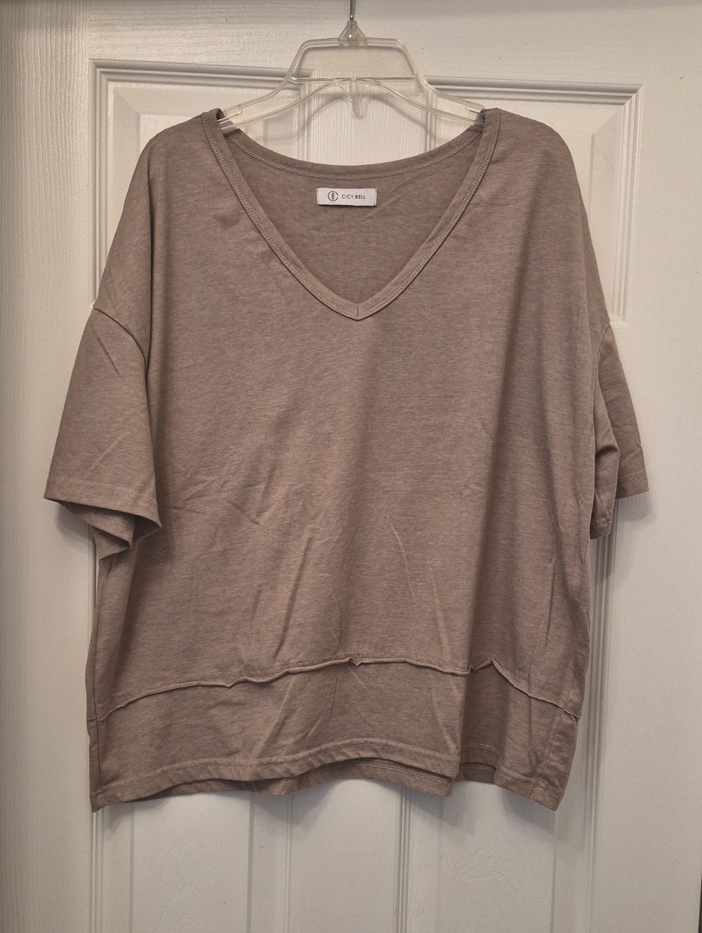 Cozy V-Neck Boxy Tee - COTTON ROAD - Taupe